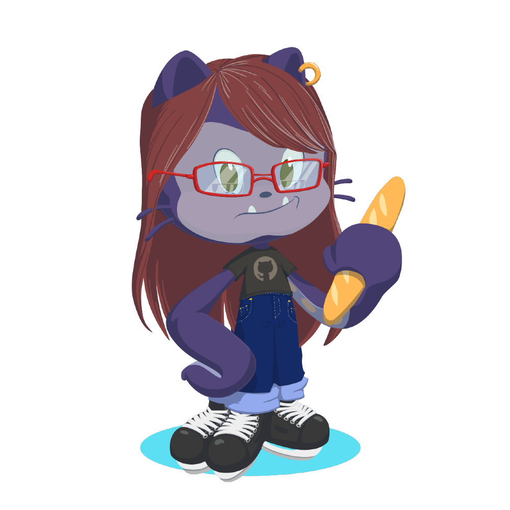 Github Octocat avatar, wearing t-shirt, jeans, glasses, and holding a baguette