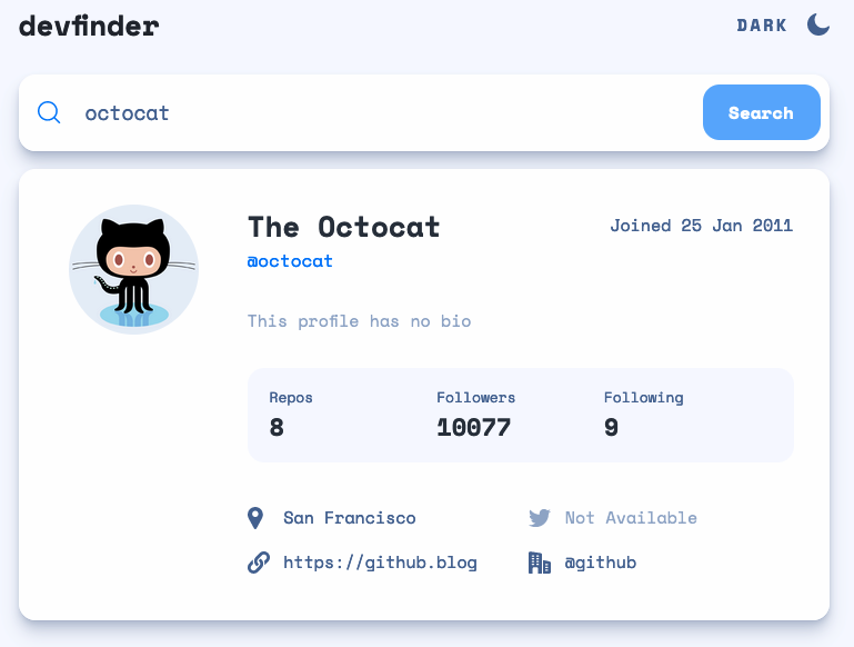 Screen grab of GitHub user search app