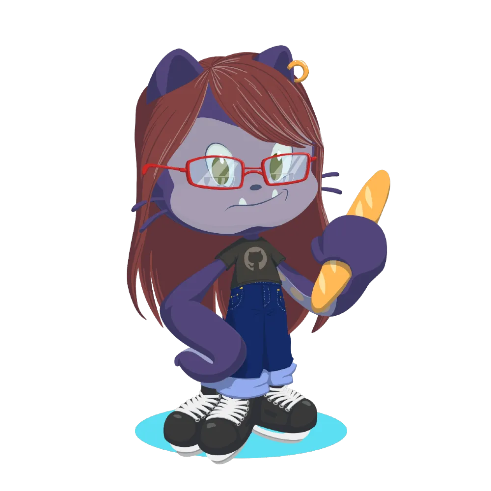 Github Octocat avatar, wearing t-shirt, jeans, glasses, and holding a baguette