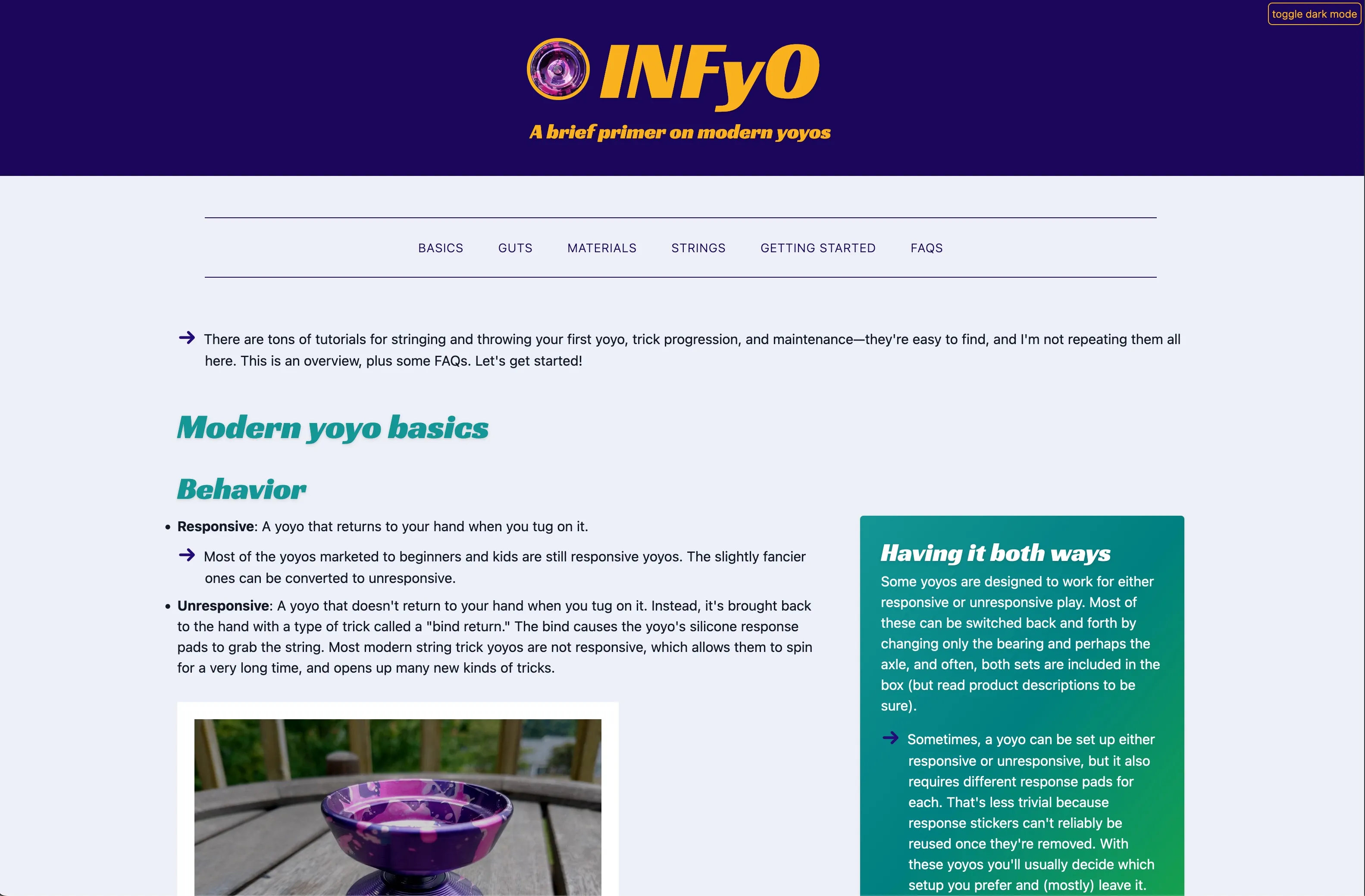Screen grab of my yoyo page